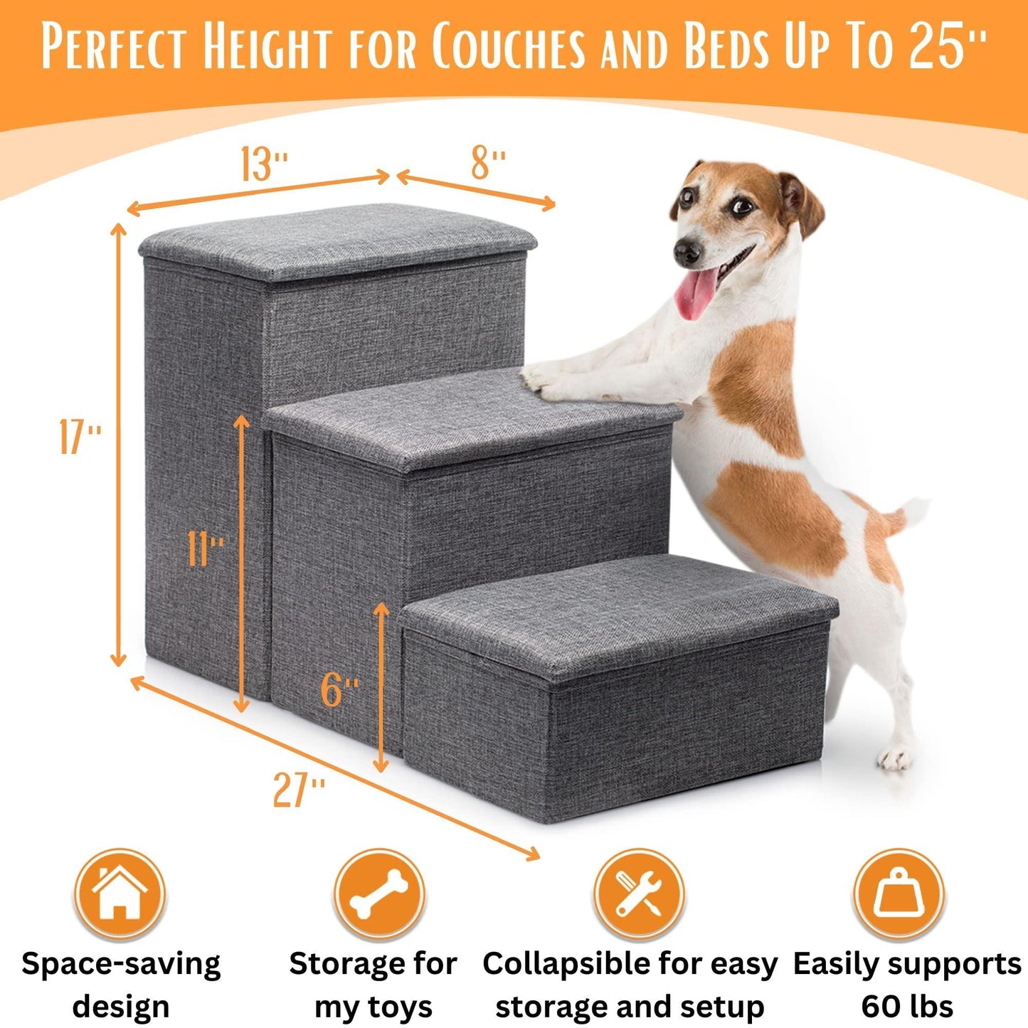 Foldable Dog Stairs for High Beds with Storage