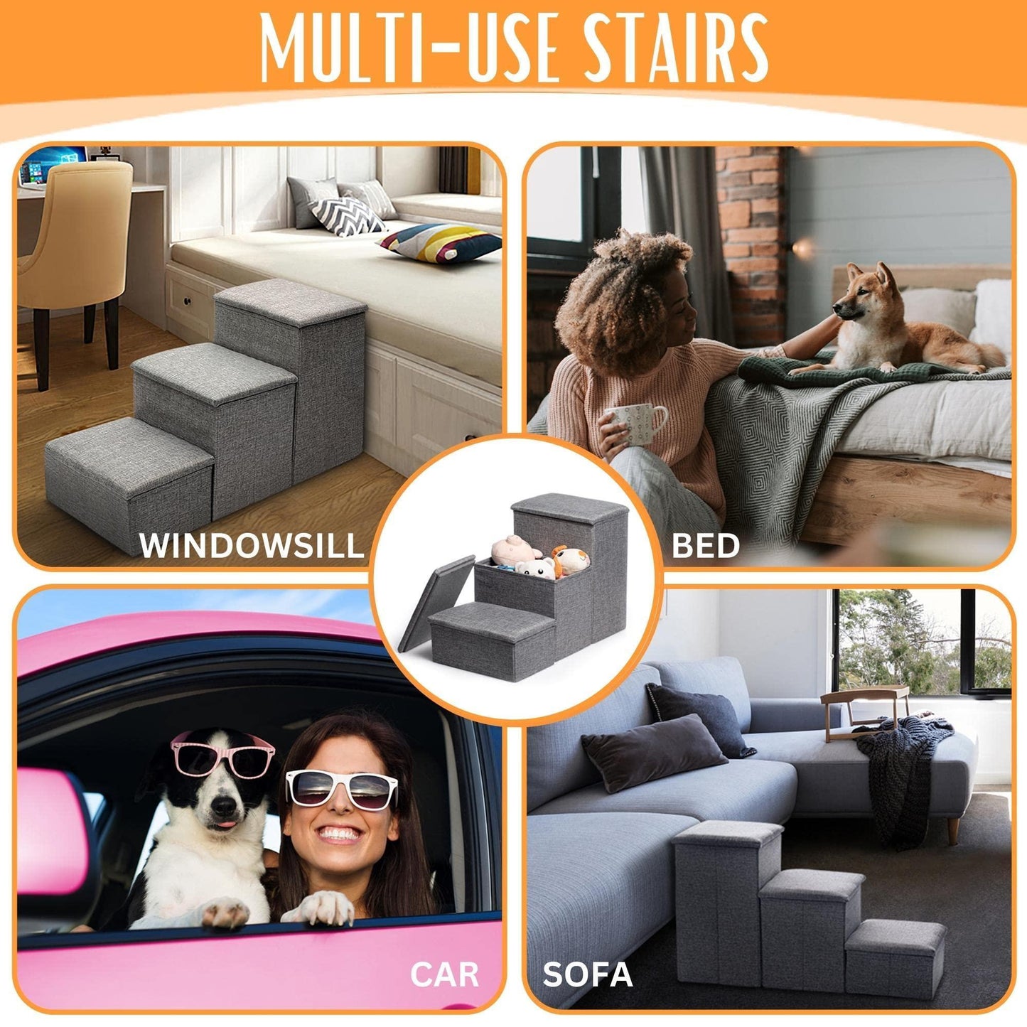 Foldable Dog Stairs for High Beds with Storage