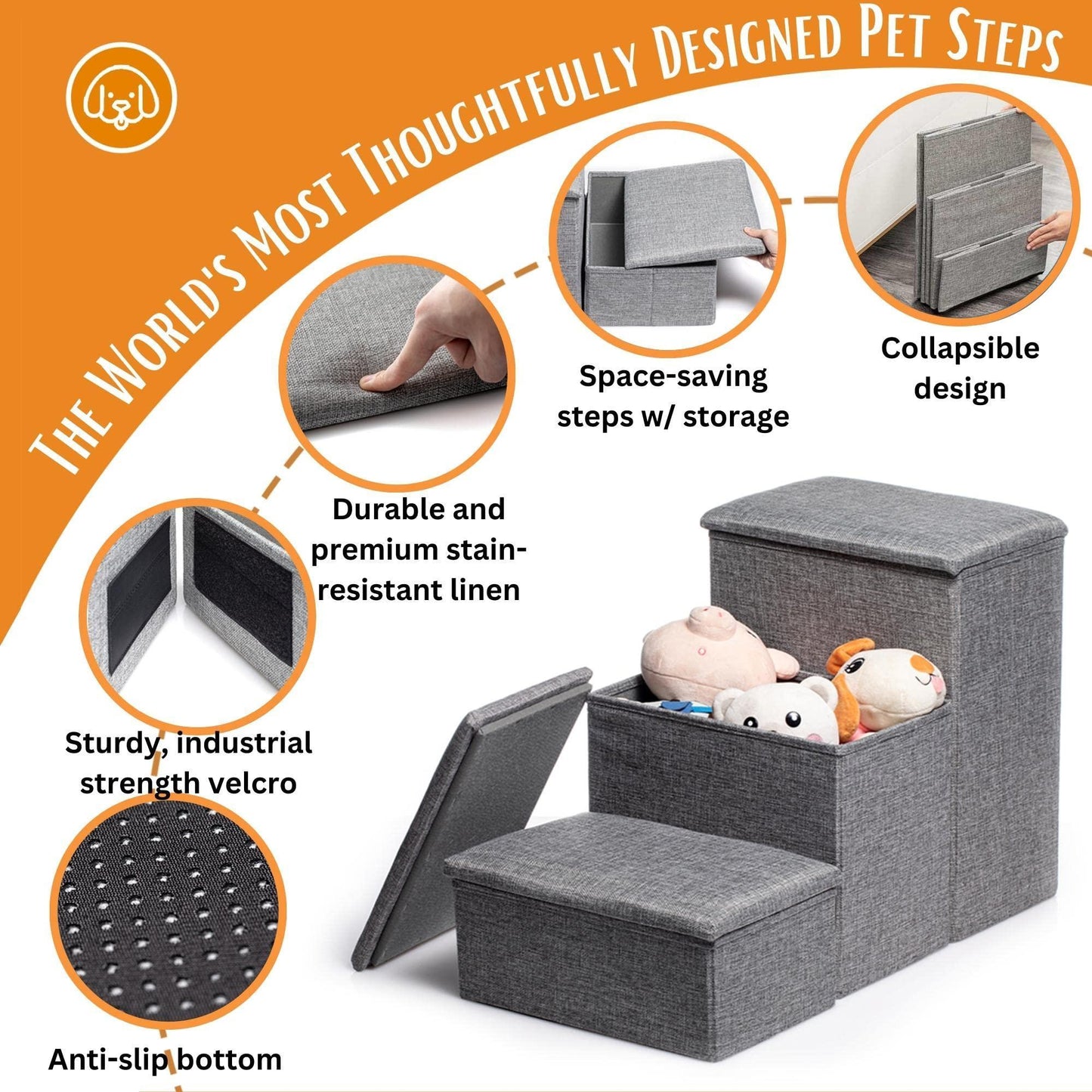 Foldable Dog Stairs for High Beds with Storage